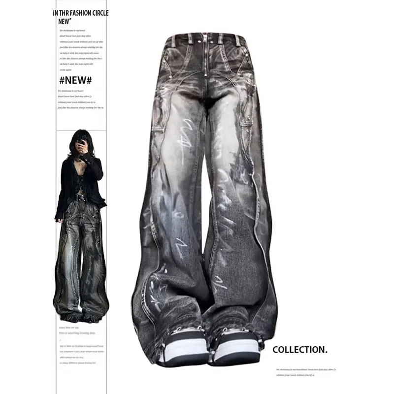 

Women's Black Gothic Jeans Harajuku Y2k 90s Aesthetic Baggy Denim Trousers Korean Punk Jean Pants Vintage 2000s Trashy Clothes