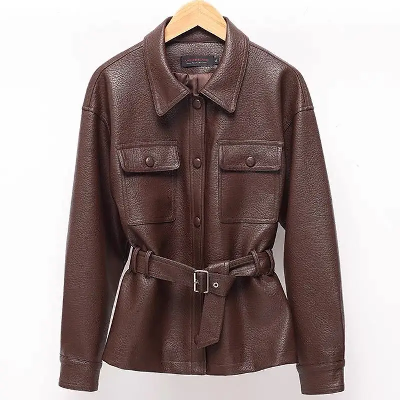 Haining Motorcycle Jaet ort Bla Women's Slim Fit Spring 2026 Street Sle Polyester Fiber Long Sve  Collar Button Coats
