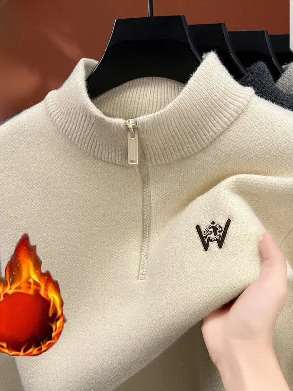 

Men's Winter Thiened Fce Lined Zipper Knitwear f High Collar Sweater Warm Inner Wear Casual Sle Polyester Fiber