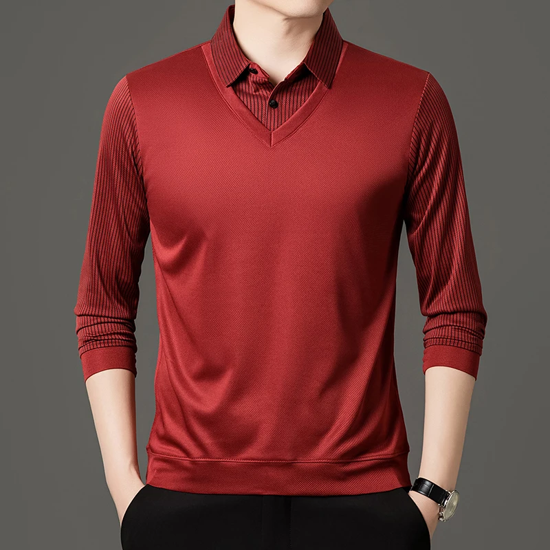 Frühlings- und Herbst-T-Shirt für Herren mittleren Alters, zweiteilig, aus reiner Baumwolle, langärmlig, mit großem Kragen und lockerem Poloshirt-Design. – Detail 13