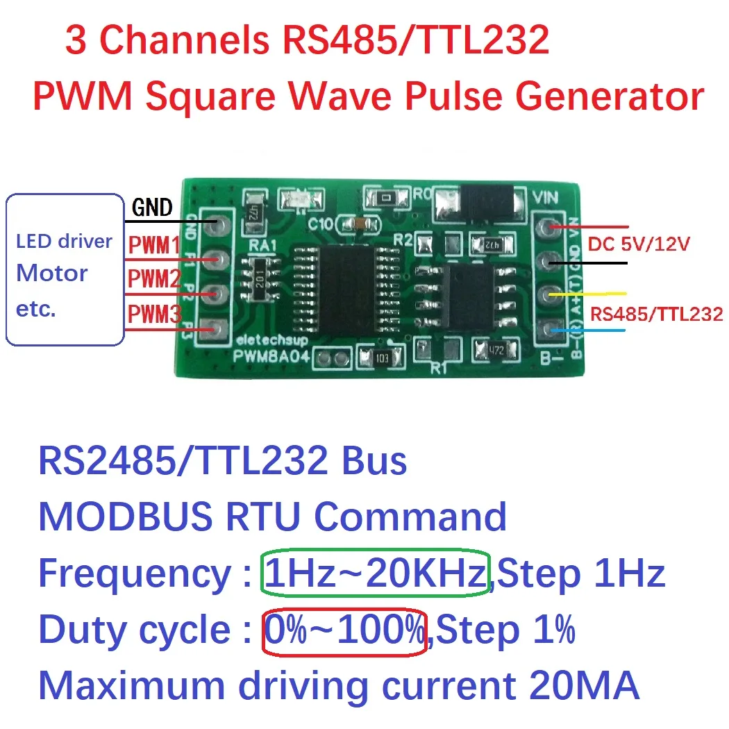 DC 5V 12V 3CH RS485 1Hz-20kHz Duty Cycle Frequency Adjustable PWM Square Wave Pulse Generator Modbus RTU PWM8A04