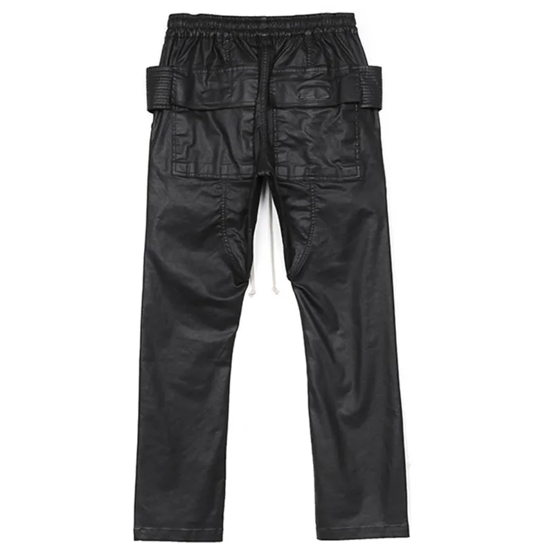 Dark Coated Wax Surface Double Loop Cargo Pants Men Cotton Parkour Sweat Casual Drawstring Trousers