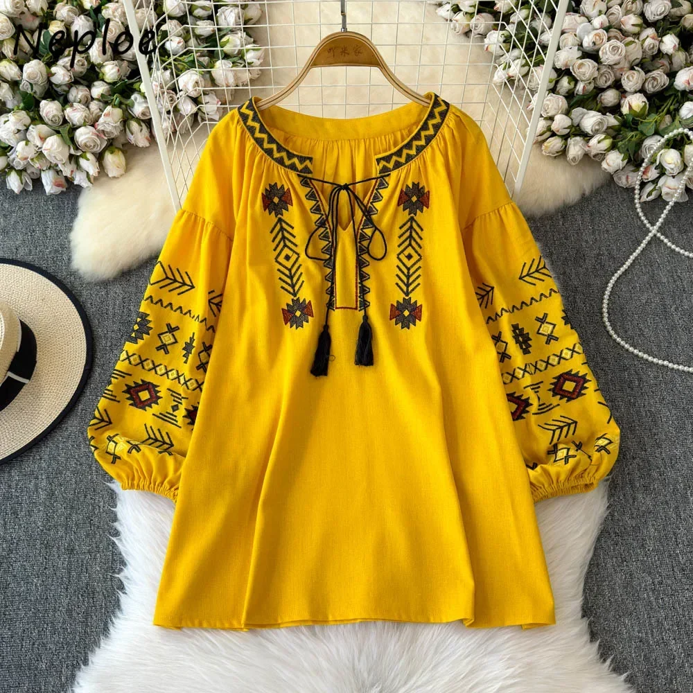 Neploe Autumn Winter New Vintage Ethnic Tops Embroidery Loose V Neck Print Ropa Mujer Tassels Lace Up Casual French Style Shirt