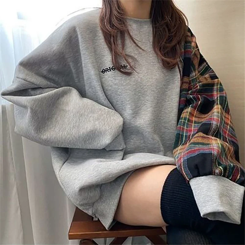 

Fashion O-Neck Loose Printed Spliced Plaid Blouses Women's Clothing 2023 Winter Oversized Commuter Pullovers Casual Warm Shirts