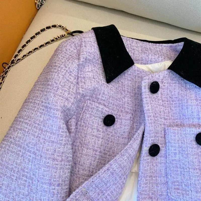 Women\'s Clothing Jacket Lavender lilac Purple Tweed Cardigan Coat 2024 Autumn Winter Chic Short Tops Korean Fashion Lady Outwear