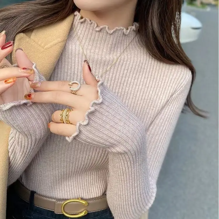 

Autumn Winter Clothes Women New Half-Turtleneck Pullover Tops Slim Fashion Fit Knit Bottoming Sweater Pull Femme T147