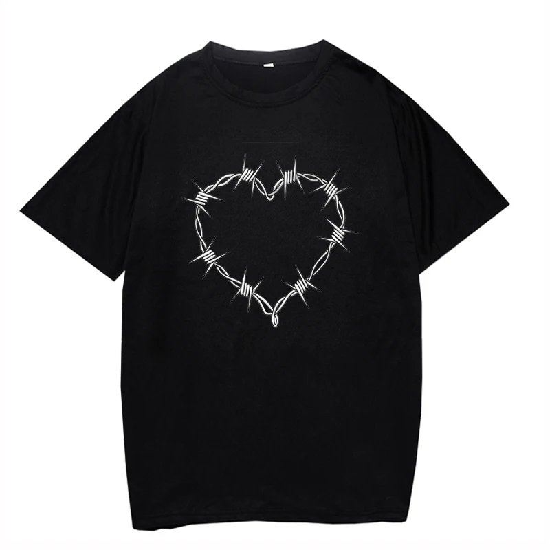 Cool Iron Wire Sharp Y2k Heart T-Shirt Women T-Shirt Fashion Printed Tops Oversize Casual Tshirt Men Tee Streetwear Kpop Summer