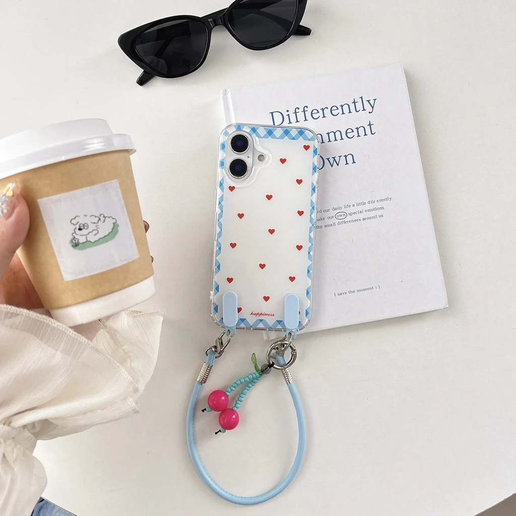 لطيف الطازجة شبكة نمط الأحمر الحب القلب الكرز الحبل صدمة برهان غطاء الهاتف القضية آيفون 17 16 15 14 13 برو ماكس #3