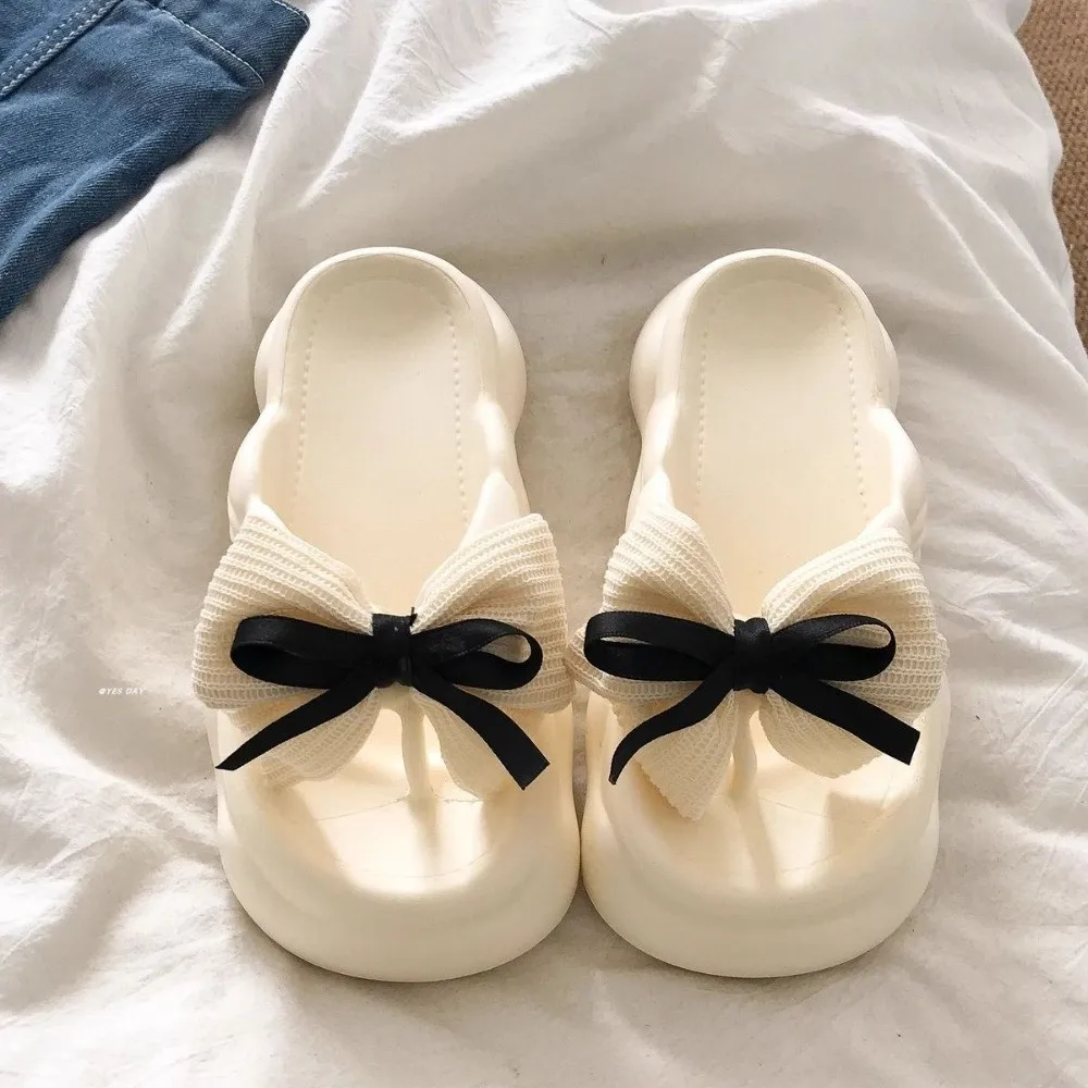 Нескользящие тапочки-облака с бантом, увеличивающие рост, черно-белые шлепанцы с бантом, сандалии, универсальные повседневные женские тапочки на толстой подошве