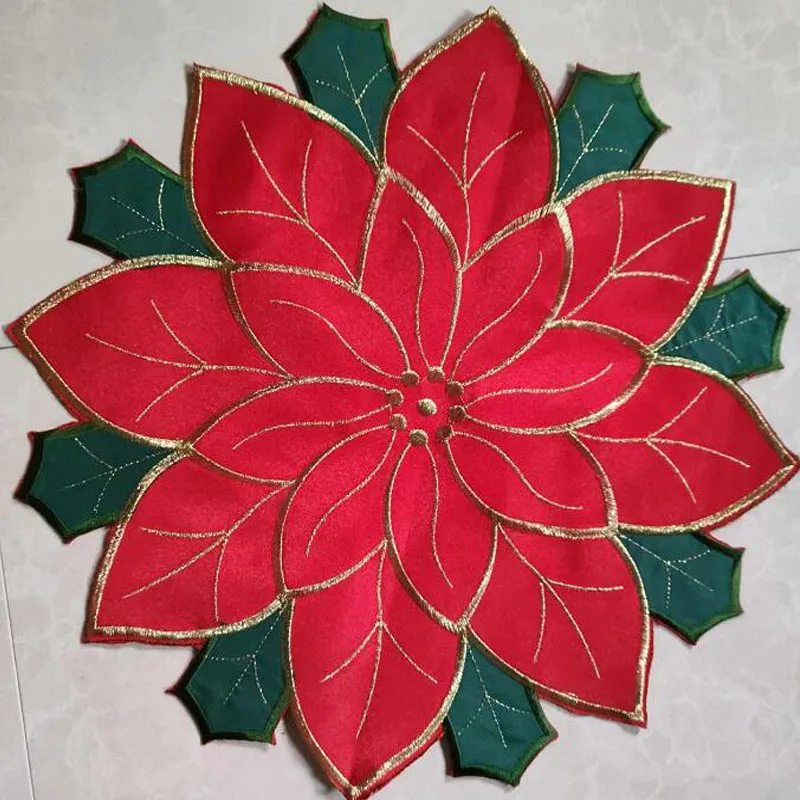 HOT red Christmas Poinsettia Flower embroidery table place mat Cloth placemat coaster kitchen Table decoration and accessories