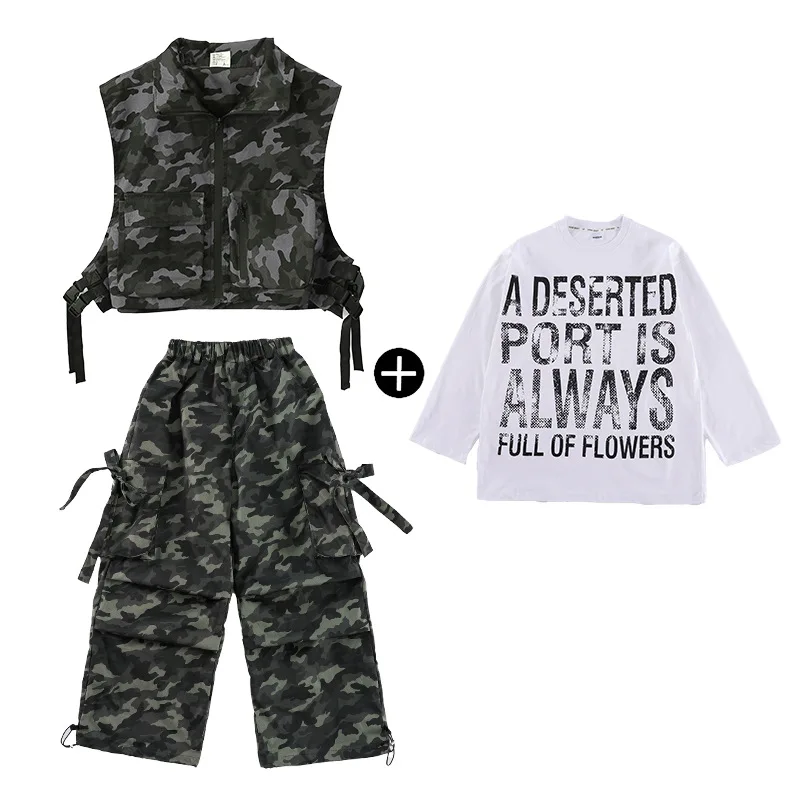Jungen Hip Hop Kleidung Schwarz Weiß Langarm Top Camouflage Weste Hosen Outfit Mädchen Jazz Dance Kostüm Street Dance Kleidung Set