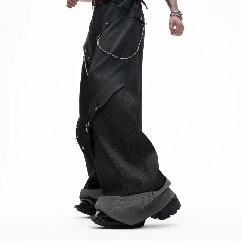 Men's 2025 Summer New Fashion Detachable Chain Irregular Design Trousers Loose Straight Wide-leg Pants Male Very Cool Trousers