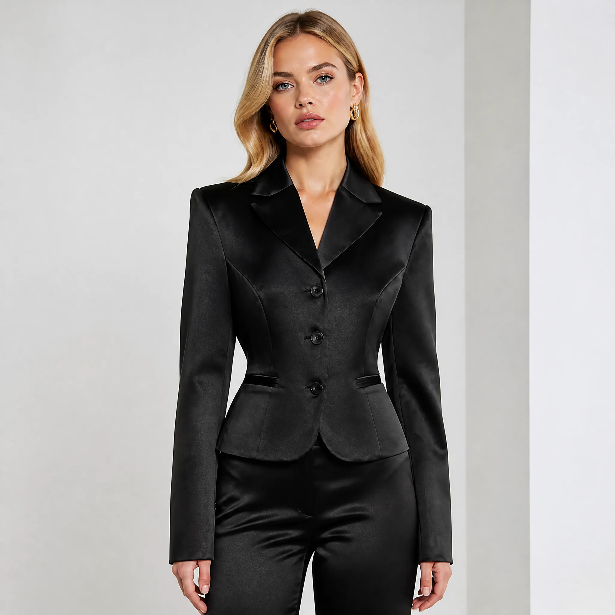 RU Gloss Satin Notch Lapel Tailored Blazer Three Front Buttons Side Trim Pocket Fitted Waist Elegant Evening Office Outerwear