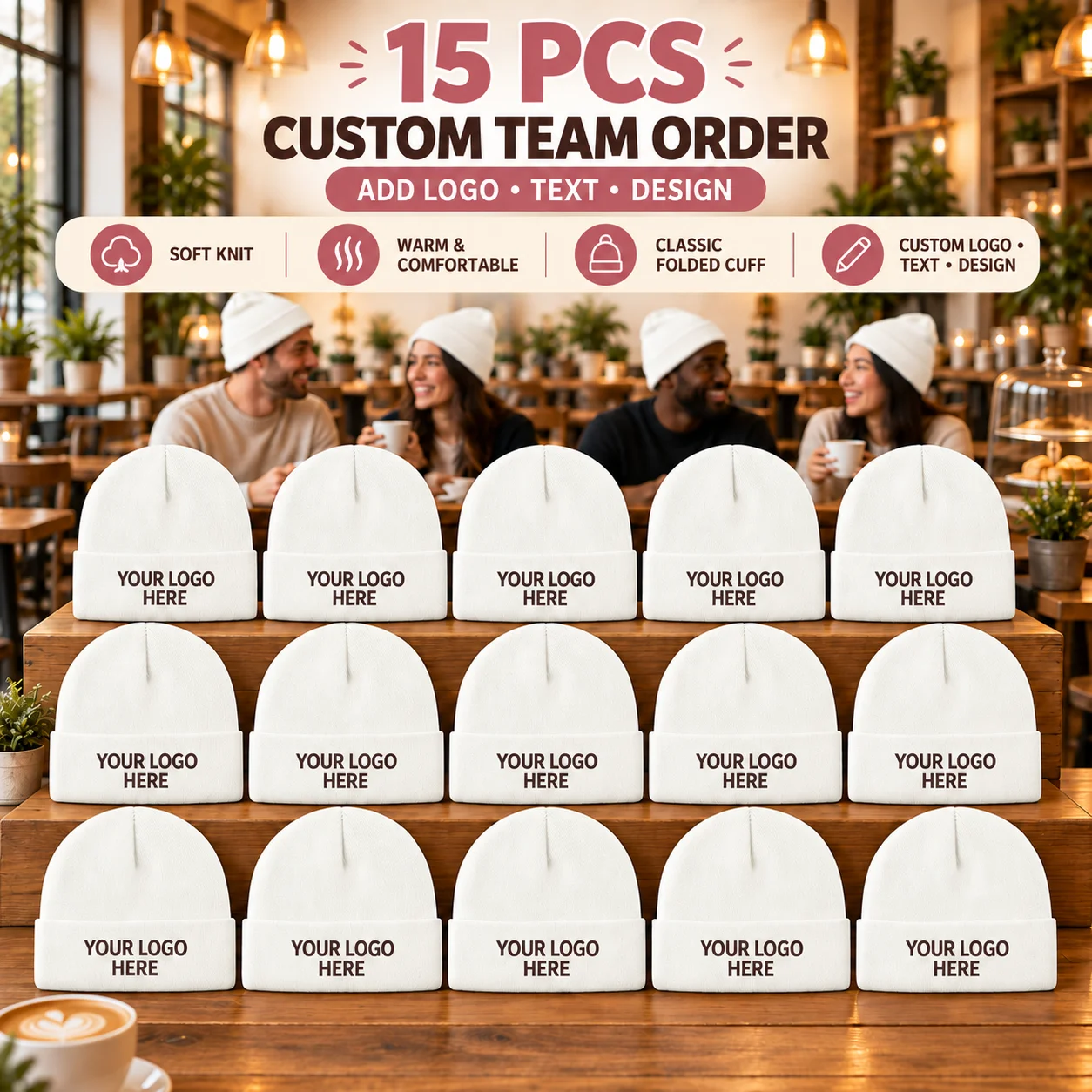 15 custom knit hats, can print personal or team logos, perfect for teams, companies, events, and group gifts