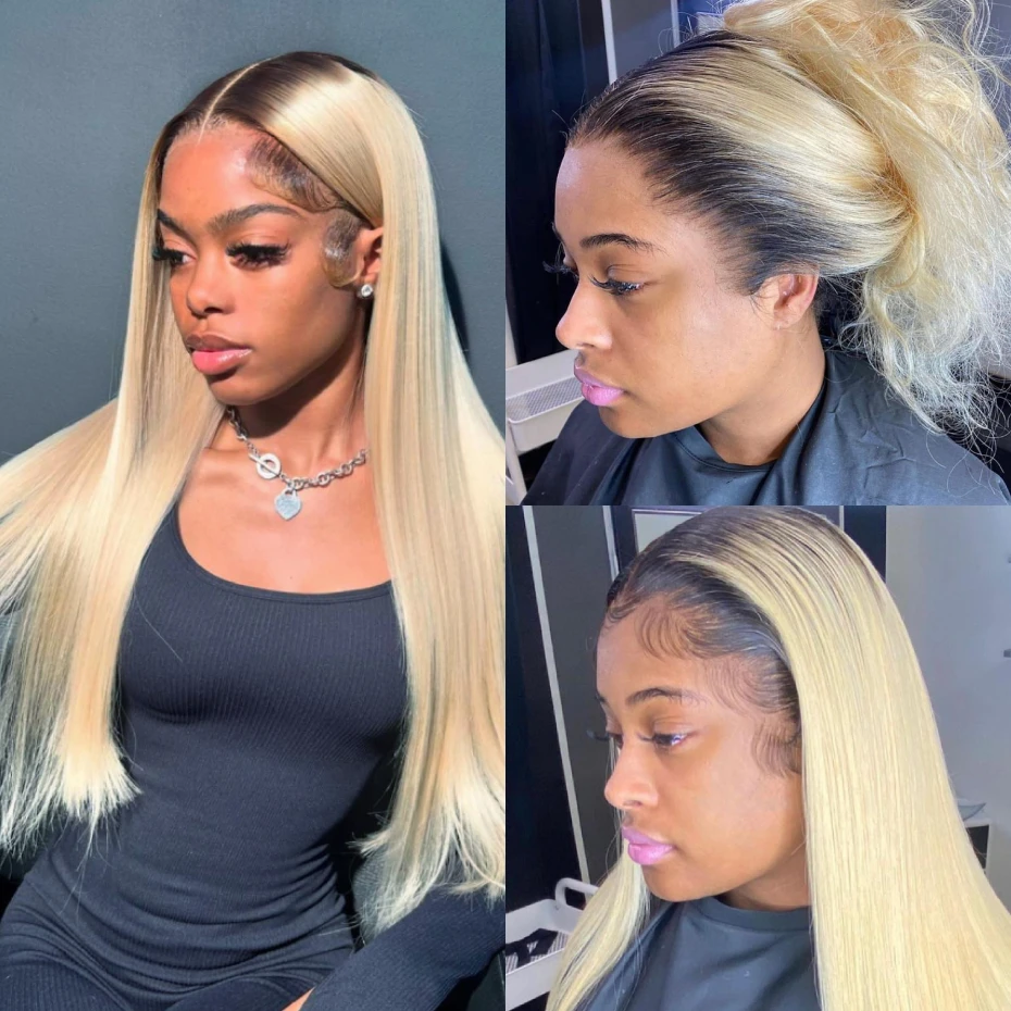 1B 613 Blonde Ombre Human Hair Wigs 13x6 Lace Front Wig Pre Plucked HD Transparent Lace Blond Black Roots Straight 180% Density
