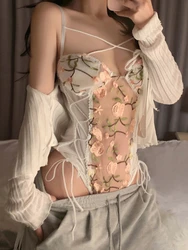 Camisole Vest Women Casual Outerwear Summer 2022 Sexy Basic Blouse Korean Style Embroidery Lace Bodycon Bodysuits Female Beach