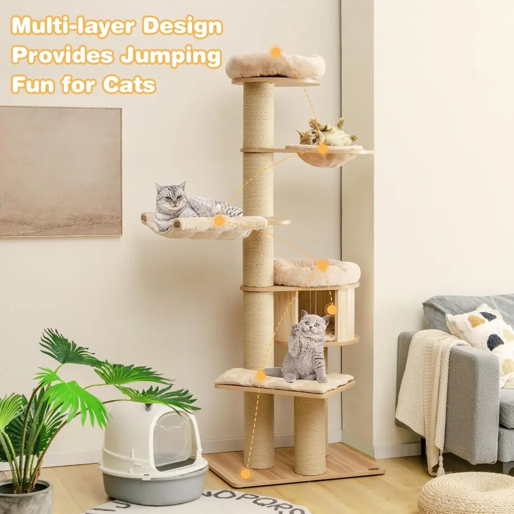 

Cat Tree for Indoor Cats, Large Cat Tree Tower with Scratching Posts, Cat Condo, Hammock and Basket,Multi-Level Modern Cats Tree