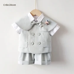 2024 New Boy Girls Outfit Children Kids Linen Vest Boys Gentleman Clothing Set Toddler  1 2 3 4 Birthday Suits Spring Summer