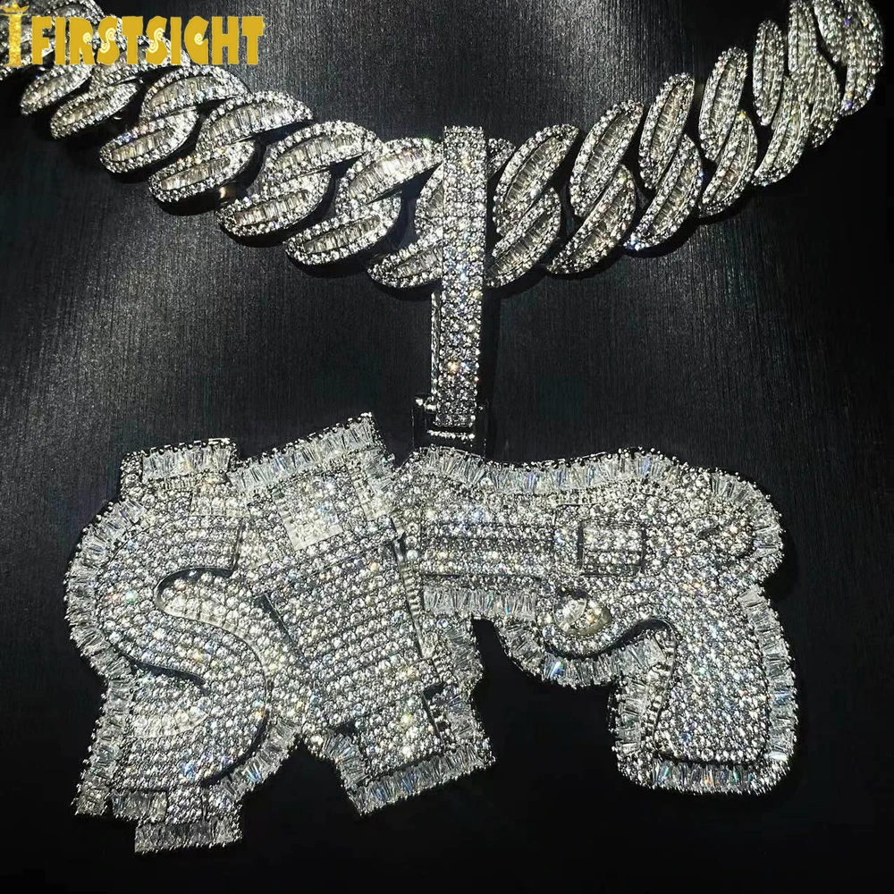 New Iced Out Bling CZ Plug Dollar Pendant Necklace Two Tone Color Zircon Money Power Respect Charm Men\'s Women Hip Hop Jewelry