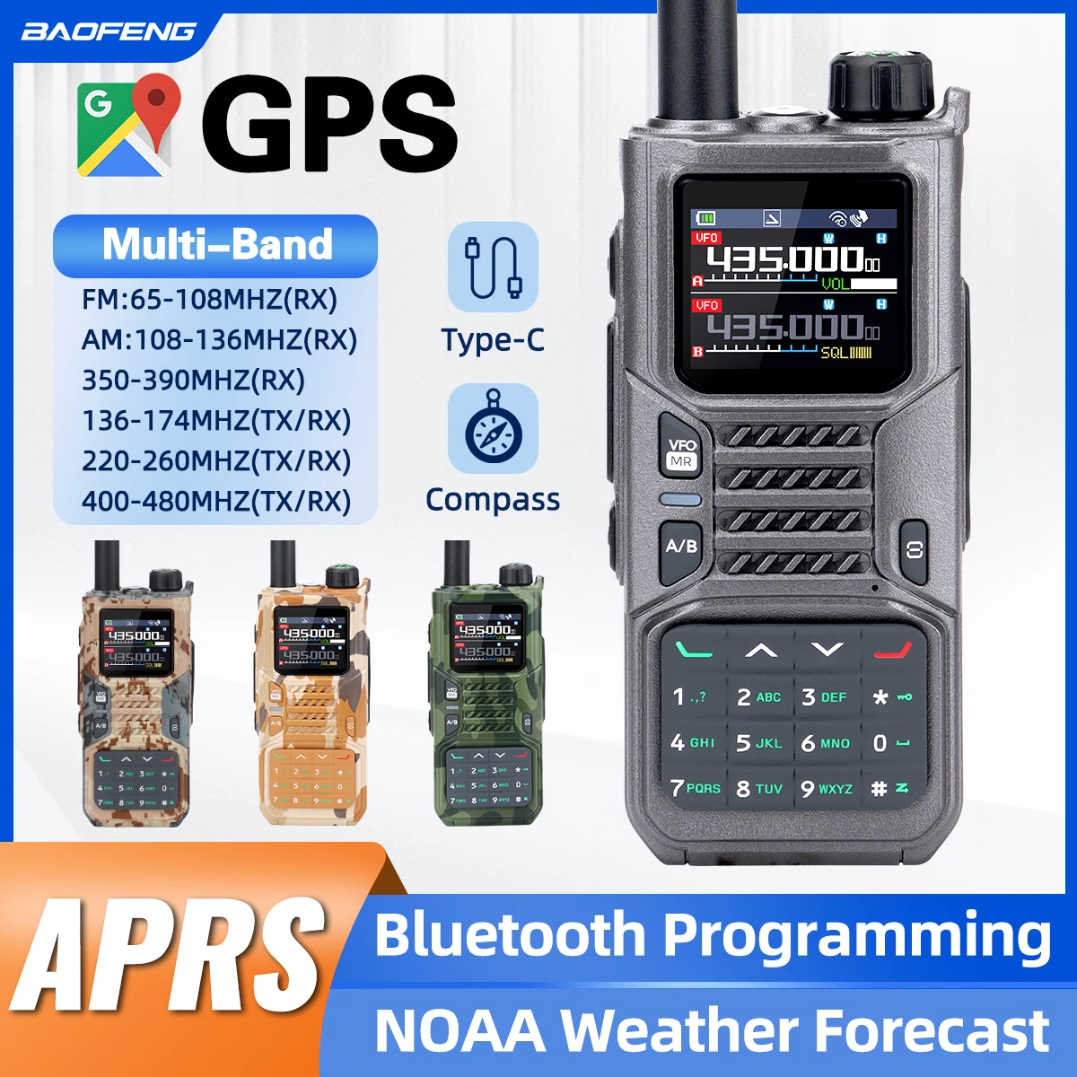 

BAOFENG RD-55 PRO AM Walkie Talkies Long Range Bluetooth Programming GPS APRS Type-C Compass NOAA Two Way Radio UV-32 DM-32