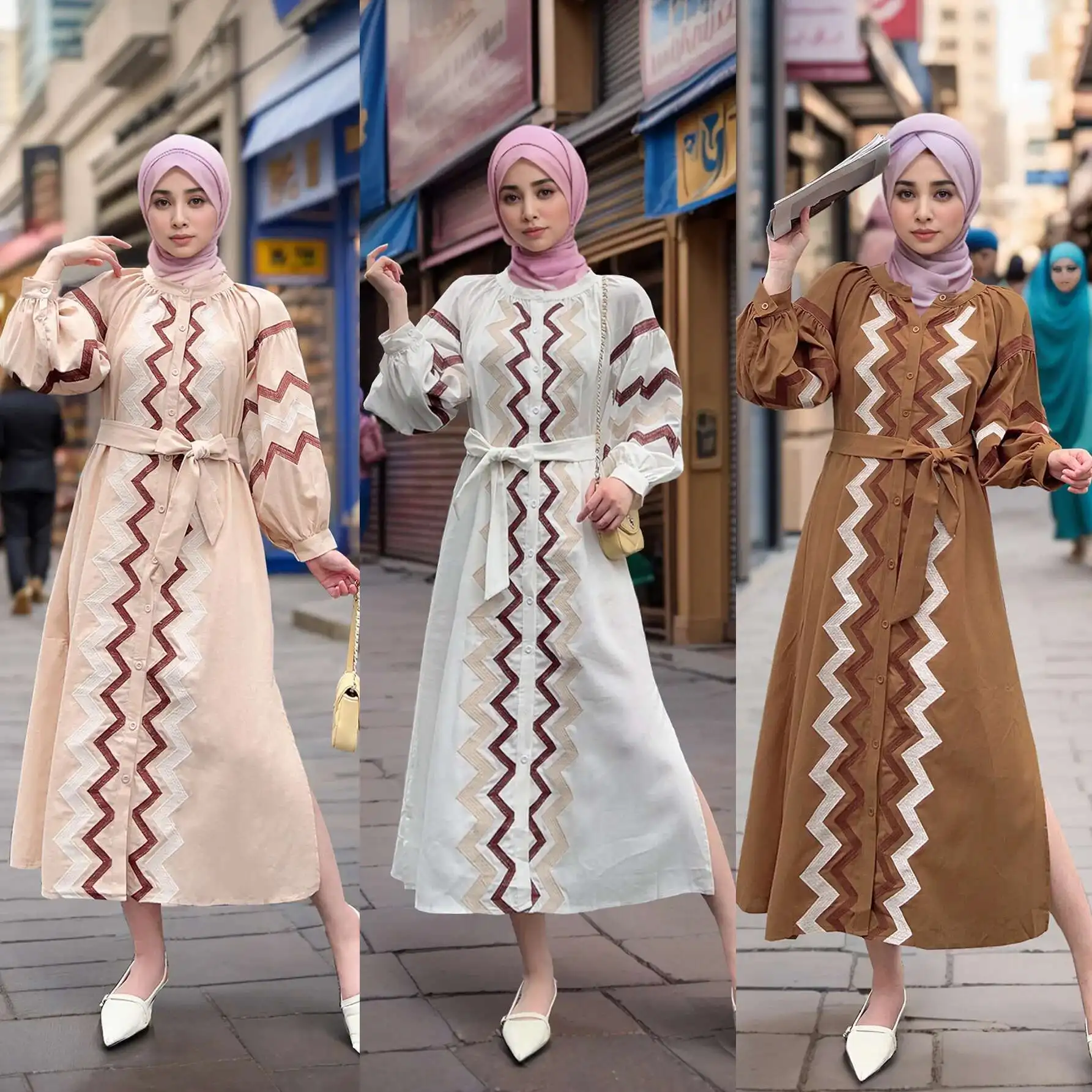 

M278# Tricolor Hot Selling Women's Clothing in Malaysia and Indonesia, Heavy Industry Embroidered Lantern Sleeve Dress Elegant