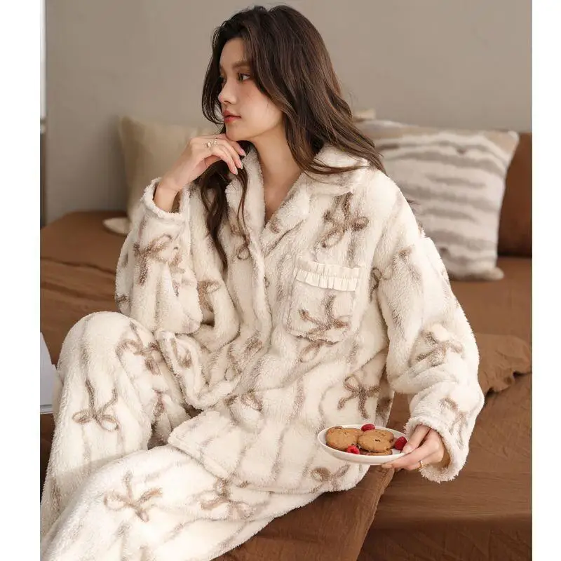

Women's Pajama Set Comfortable Sleepwear Women Winter Warm Fleece Loungewear Set Homewear Outwear Thick Cozy Sleepwear Set Cute