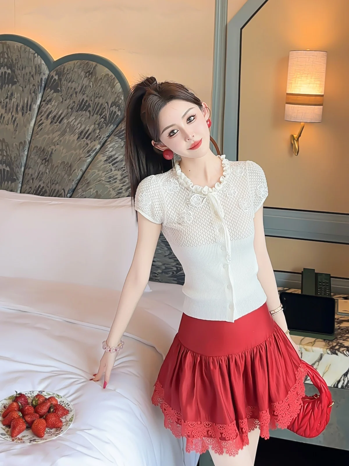 

XiaoXiao Yu Sweet Sle High Waist A-Line Skirt with Lace Design White Enhancing Cotton Blend Casual Skirt