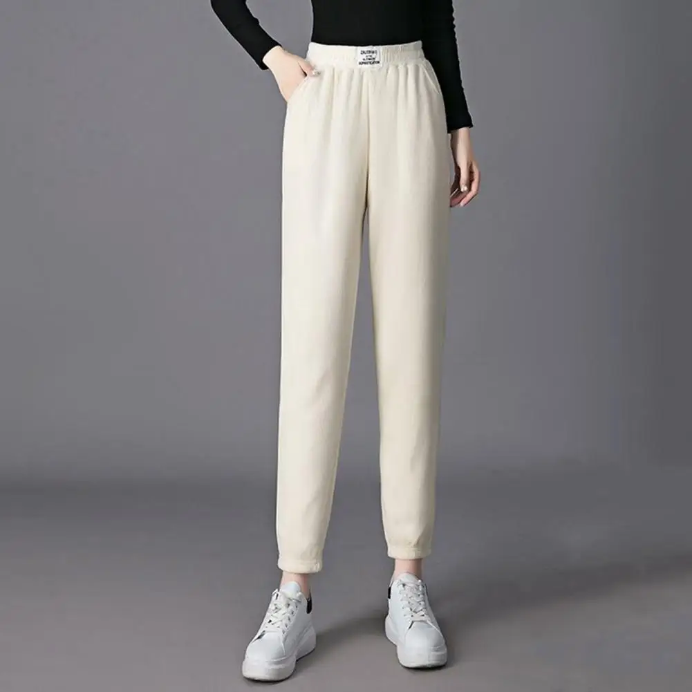 

Solid Color Sports Pants Cozy High Waist Plush Winter Pants with Soft Ankle-banded Warmth Crotch Thermal Harem Style for Women