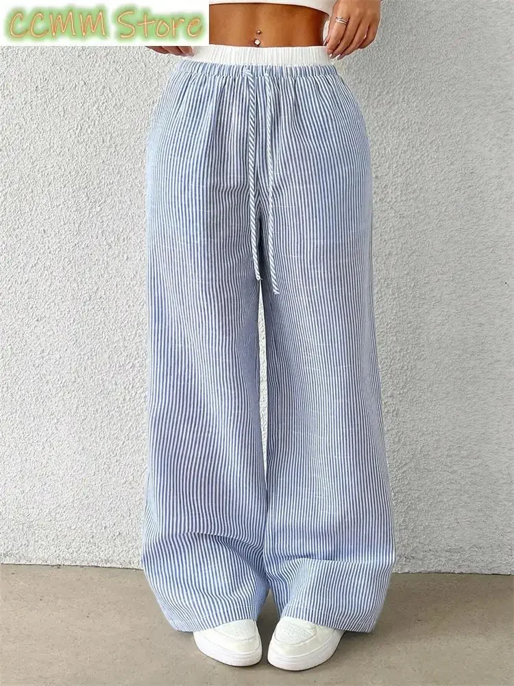 Women's Casual Striped Woven Wide Leg Pants Fall Winter Casual Stylish Full Length Trousers Clothes Streetwear