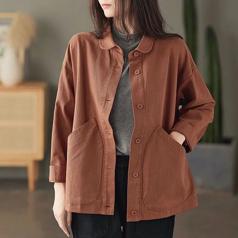 2023 Spring and Autumn Season Art Retro Simple Twill Cotton Solid Pocket Single Breasted Loose and Versatile Women\'s Shirt Coat