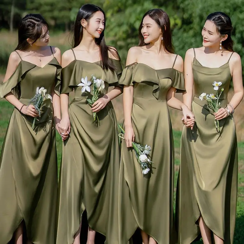 

Customized high-end satin bridesmaid dress with blackish green suspender style long skirt suitable for parties and dances BL004b