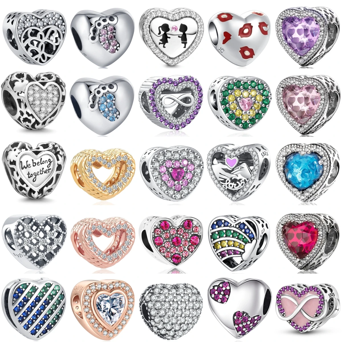 

925 Sterling Silver Heart Beads Charms Fit Original Bracelet Multi-color Zircon DIY Spacer Beads For Women Jewelry Gift