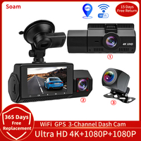 3 Channel Dash Cam Front Inside Rear Three Way Car Dash Camera 4K+1080P Dual Channel With GPS WiFi IR Night Vision DVR black box