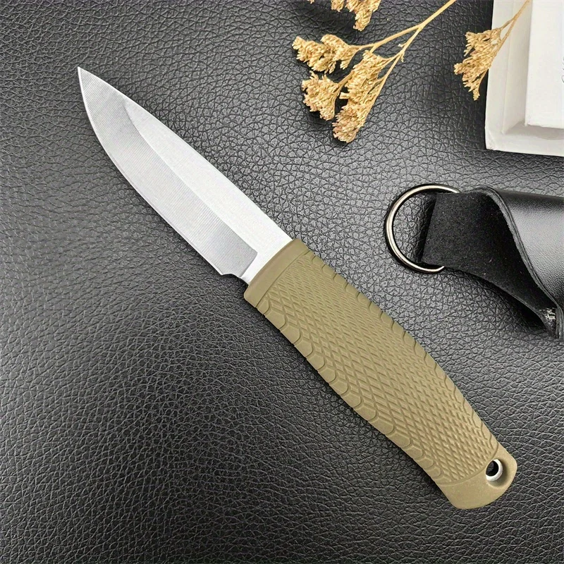 Fixed Blade BM 200 Knife D2 Blade Rubber Plastic Handle Tactical Self-defense Portable EDC Outdoor Tools,with Leather Sheath