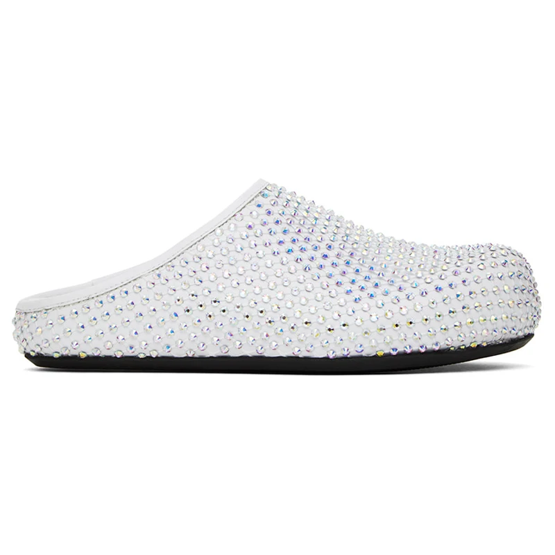 New Women\'s Rhinestone Half Head Slippers White Coloured Diamond Catwalk Show Round Toe Flat Shoes Wedding Spring Party Shoes