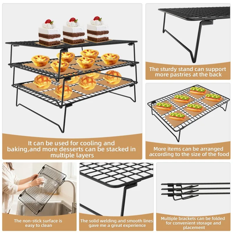 

3-layer stackable metal wire cooling rack set non stick durable easy to clean folding grill suitable for home baking and cooking