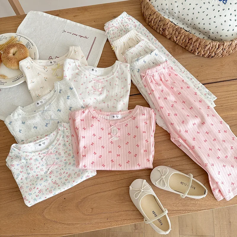 Summer New Girl's Clothes Korean Version Floral Short Sleeve  T-shirt+Long Pants Home Wear Two Pieces Set Breathable Clothes