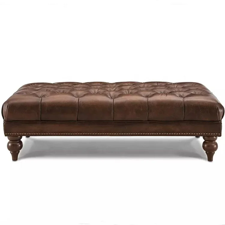 Hot Sale Living Room Vintage Faux Vintage Leather Chesterfield Tufted Bench Footstool