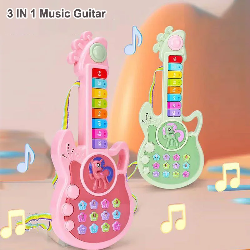 

3 IN 1 Multi-mode Children's Electric Guitar Cartoon Button Children's Beginner Toy Piano Children's Educational Toy Gift