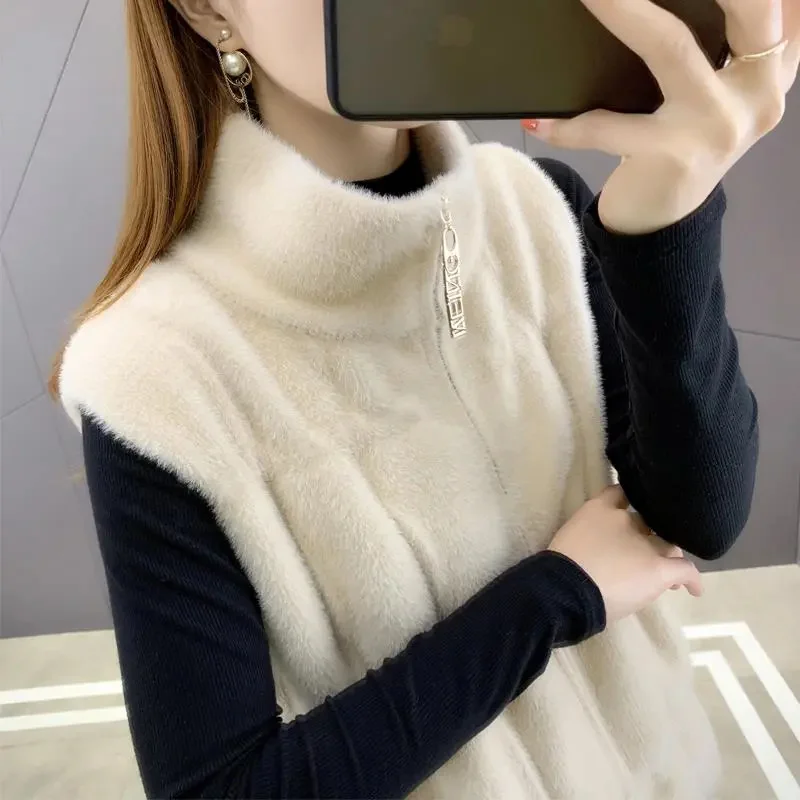 Imitation Mink Fur Sweater Vest Women\'s Autumn Winter Outerwear 2024 New Waistcoat Female Sleeveless Jacket Zipper Cardigan Top