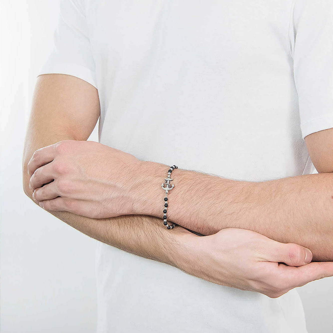 Runda Men's Natural Stone Bracelet Obsidian with Stainless Steel Anchor Adjustable Size 22cm Fashion Handmade Beads Bracelet