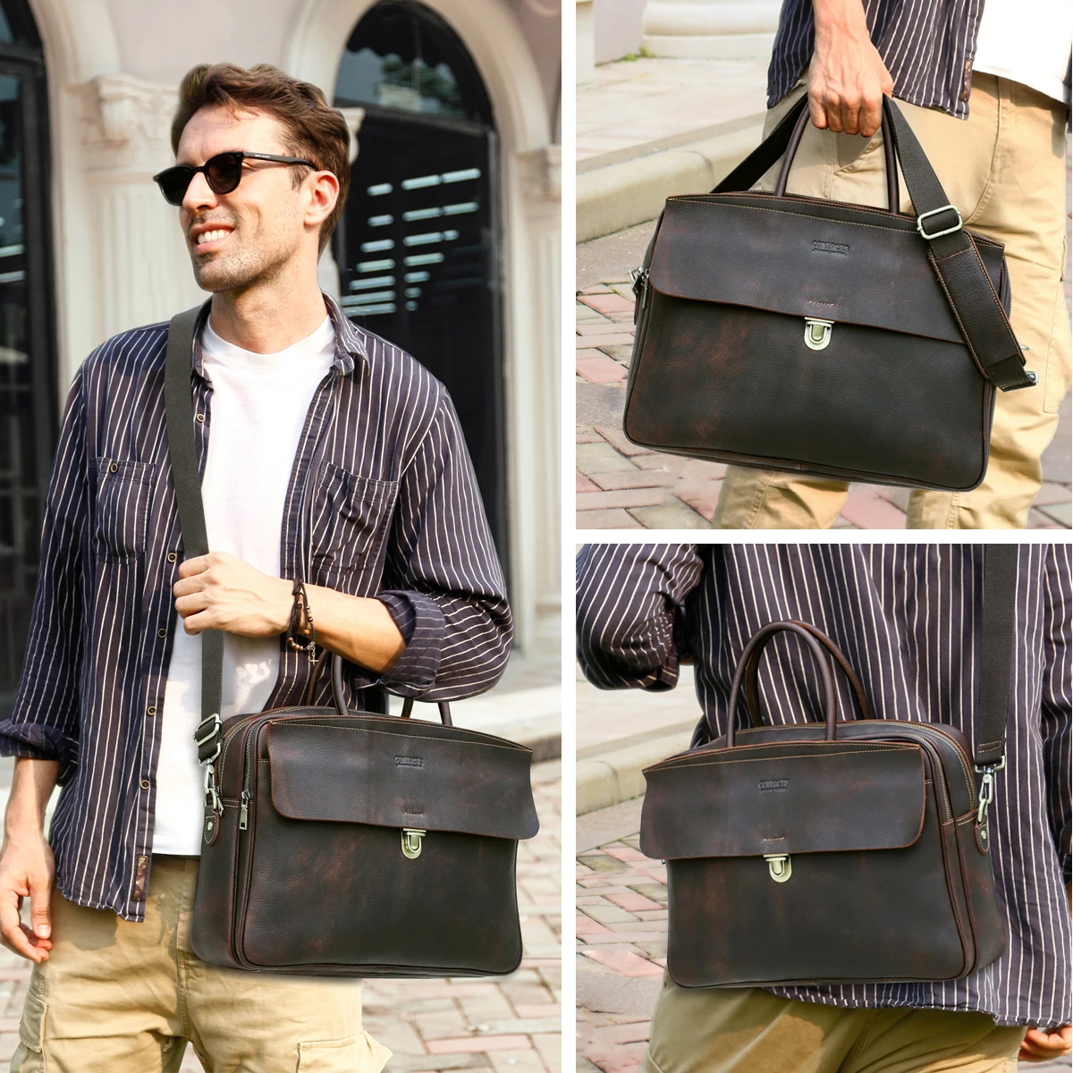 CONTACT'S Borse da lavoro in vera pelle Valigetta da uomo Borsa a tracolla con patta Borsa a tracolla Tote Borsa per laptop per MacBook Pro da 16"