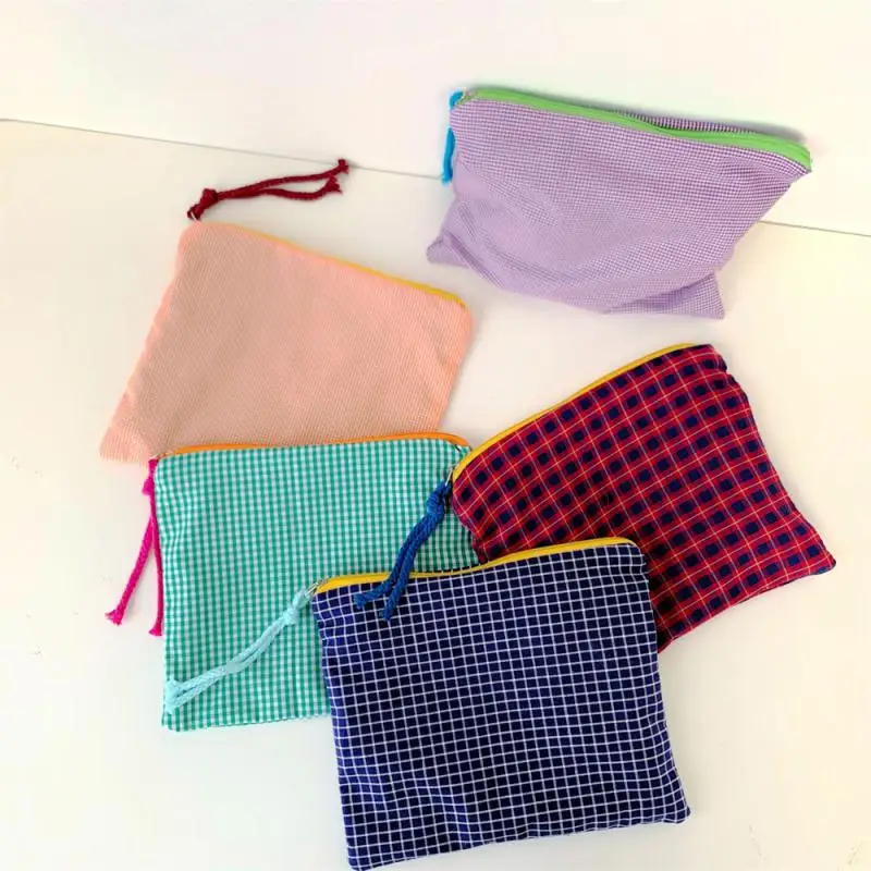 Storage Pouch 22x17cm Women Large Capacity Portable Plaid Home Accessories Zipper Pouch Cotton Cloth Girls Simple Fashion