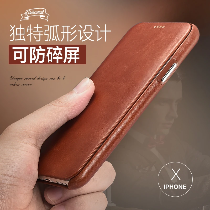 New For iPhone X XS Max XR Curved Vintage Full Grain Genuine Leather Cowhide Flip Phone Case icarer Brand Cover Natural Cow Skin