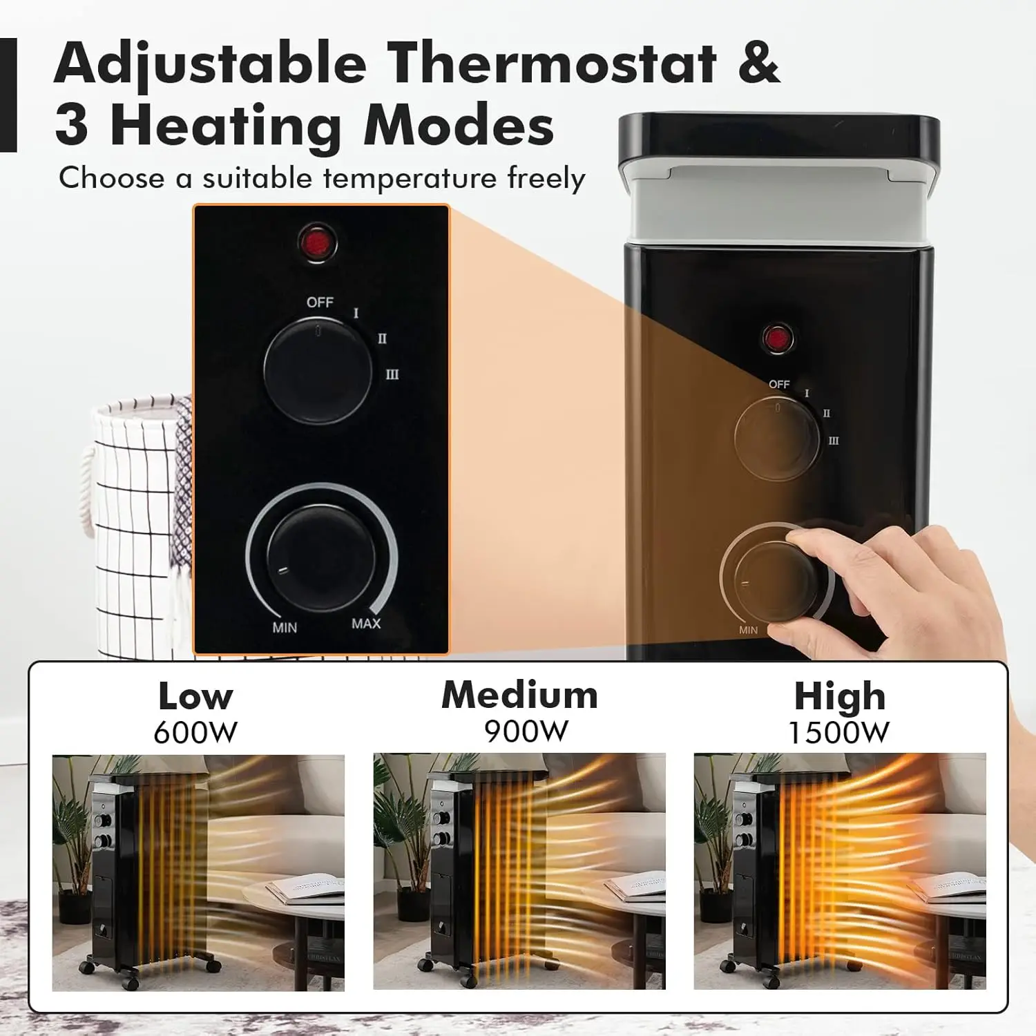 Oil-Filled Radiator Heater, 1500W Electric Space Heater with 3 Heat Settings & Thermostat, Overheat & Tip-Over Protection, Hangi