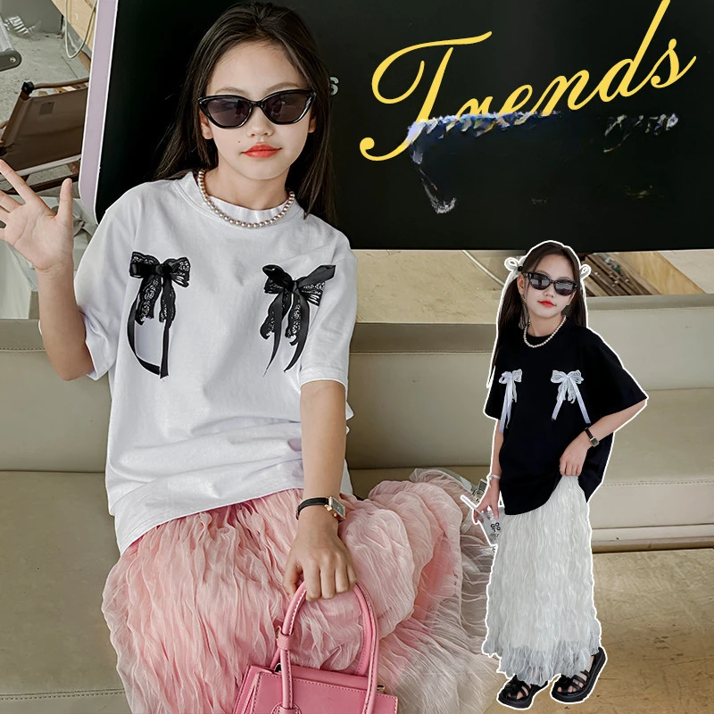 Girls Summer Set 2024 Fashionable Girls Korean Style Loose Short sleeved Half skirt Two piece Set