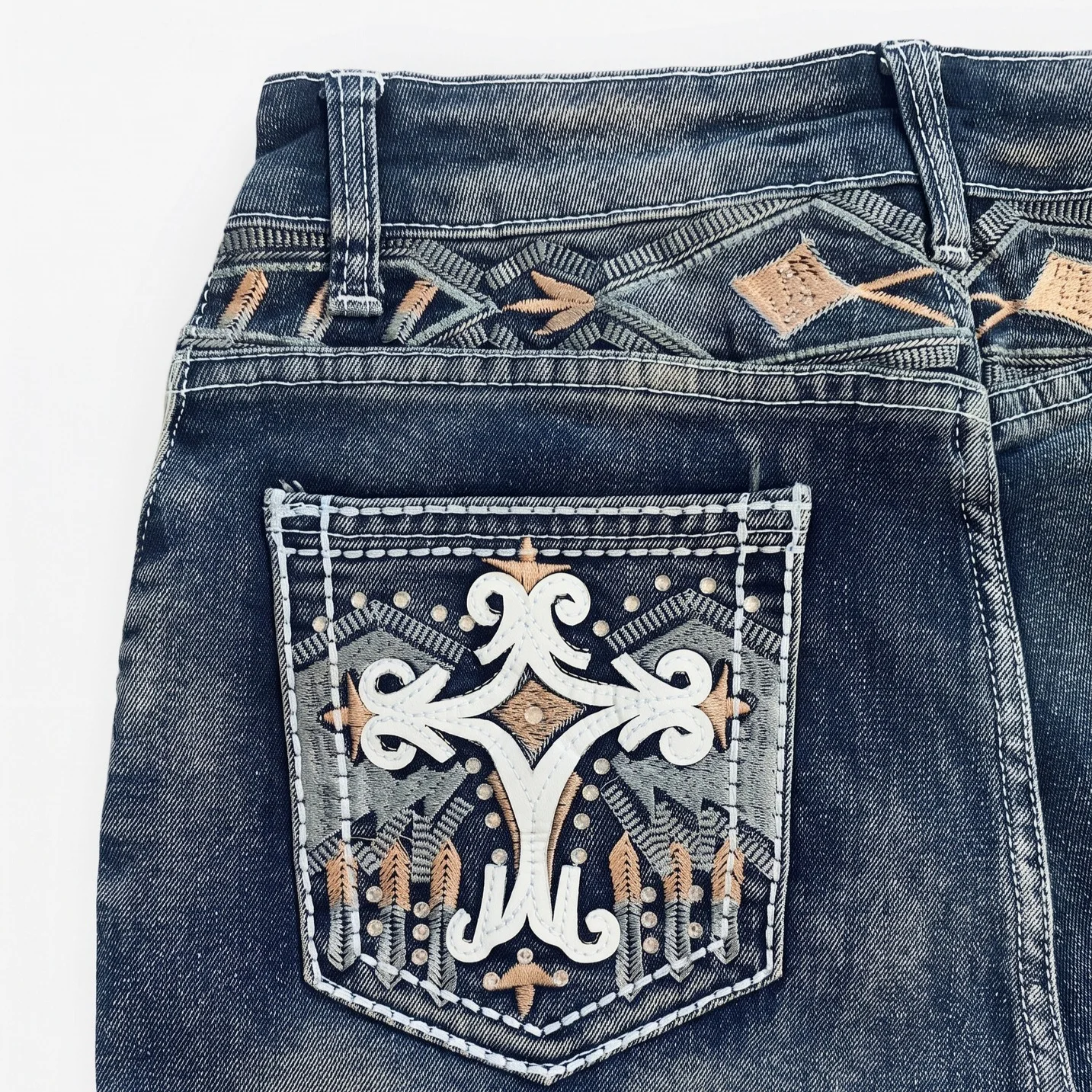 Women's Jeans Geometric Cross Embroidered Micro-pull Pants, Dark Blue Old High-waisted Denim Trousers Spot Wholesale