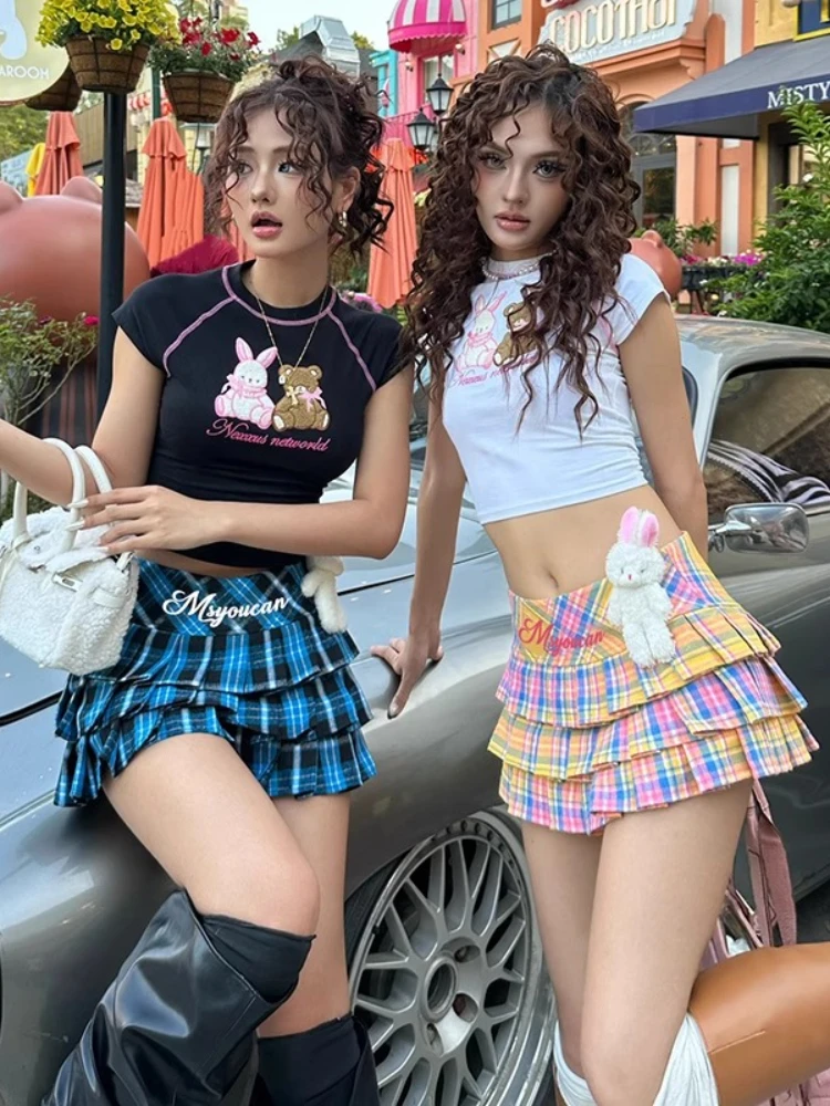 Y2K American Retro Streetwear 2 Piece Set Women Sweet Sexy A-line Contrast Plaid Cake Skirt Bear Doll Printed T-shirt Clubwear
