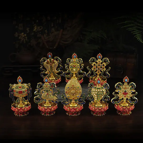 

Tibetan Buddhist Mikky Eight Auspicious Symbols Copper Gilt Lotus Statue 8 PCS