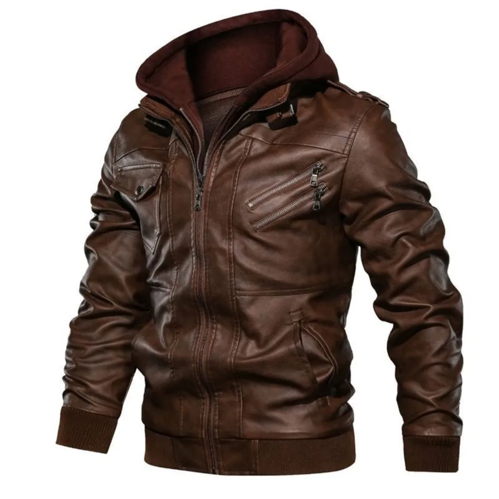 Men\'s Fall Winter Jacket PU Leather Jackets Stand-up Collar Motorcycle Biker Clothing Casual Detachable Hooded Coats